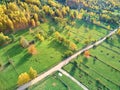 Rural landscape in autumn. Sheep grazing in fields. Aerial view