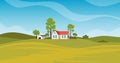 Rural landscape with beautiful view of distant fields and hills. Rustic private house, barn and trees. Vector illustration