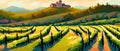 Rural landscape with a beautiful view of distant fields and hills vector illustration. Royalty Free Stock Photo
