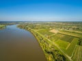 Rural landscape with river Vistula and fields. Field and river from the bird`s eye view. Royalty Free Stock Photo