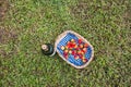 Rural landscape and blue and white napkin brown basket with strawberry and bottle of wine. Top view