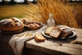 Rural Landscape with Bread and Wheat on Wooden Table, Farming Harmony