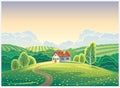 Rural landscape with a lonely house in cartoon Royalty Free Stock Photo