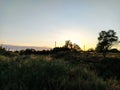 Rural landscape with church at sunset Royalty Free Stock Photo