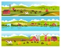 Rural landscape collection with green hills, cows, fields, tractor, barn, livestock, mill, haystack. Royalty Free Stock Photo