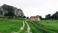 Rural landscape with country house of local farm past the green mountain forests.A scenic road through the traditional village in