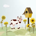 Rural landscape with cow, birdhouse and sunflowers