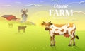 Rural landscape and cows. Farm Agriculture. Vector illustration. Poster with meadow, Countryside, retro village for info Royalty Free Stock Photo