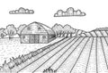 Rural landscape in engraving graphic style. Hand drawn sketch converted to vector Illustration. Countryside with a farm, barn