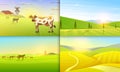 Rural landscape. Farm Agriculture. Vector illustration. Poster with meadow, Countryside, retro village for info graphic Royalty Free Stock Photo