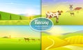 Rural landscape. Farm Agriculture. Vector illustration. Poster with meadow, Countryside, retro village for info graphic Royalty Free Stock Photo