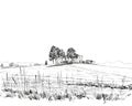 Rural landscape. Farm sketch hand drawn vector illustration.