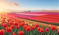 Rural landscape with field colorful tulips, farm, Banner Field of spring flowers tulips in mountains lit by morning sun Royalty Free Stock Photo