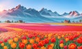 Rural landscape with field colorful tulips, farm, Banner Field of spring flowers tulips in mountains lit by morning sun Royalty Free Stock Photo