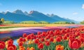 Rural landscape with field colorful tulips, farm, Banner Field of spring flowers tulips in mountains lit by morning sun Royalty Free Stock Photo