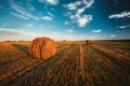 Rural Landscape Field Meadow With Hay Bales After Harvest In Sunny Royalty Free Stock Photo