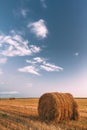 Rural Landscape Field Meadow With Hay Bales After Harvest In Sunny Evening At Sunset Royalty Free Stock Photo