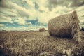 Rural Landscape Field Meadow With Hay Bales After Harvest In Sunny Evening At Sunset Or Sunrise In Late Summer. Blue Sunny Sky And Royalty Free Stock Photo