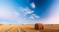 Rural Landscape Field Meadow With Hay Bales After Harvest In Sunny Royalty Free Stock Photo
