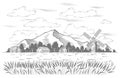 Rural landscape field wheat. Vintage meadow with high mountains and clouds, village vintage sketch. Hand drawn farm land Royalty Free Stock Photo