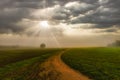 Rural landscape with a foggy sunrise, sunbeams breaking through the clouds