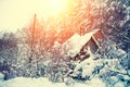 Rural landscape. Snowy winter. Old hut in the forest Royalty Free Stock Photo