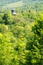 Rural landscape with forest and wooden church Royalty Free Stock Photo