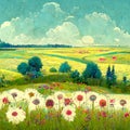 Rural landscape with green agriculture fields, path and bushes with chamomille flowers
