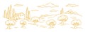 Rural landscape. Hand drawn sketch. Orchard Garden trees. Village field. Countryside. Contour vector line. Horizontal