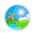 Rural landscape. Hills, clouds on the sky, windmill near the river. Windmill illustration icon