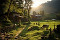 Rural landscape in Himalayas, Cows graze in the meadow. Generative AI