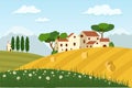 Rural landscape with houses, a field, trees and a meadow with daisies. Beautiful summer fields scenery with green hills