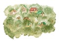 Rural landscape with houses in green trees. Watercolor.