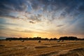 Rural landscape image of Summer sunset over field of hay bales Royalty Free Stock Photo