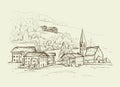 Rural landscape. Italy, Europe. Santa Maddalena. Sketch vector illustration with a church, village houses on the hill Royalty Free Stock Photo