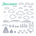 Rural landscape line elements. Vector line illustration of the countryside icons like trees, clouds, and hills. Outline