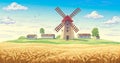 Rural landscape with mill and with ears of wheat Royalty Free Stock Photo