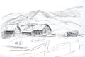 Rural landscape with mountains House fence and cows. Sketch, contour on white background