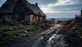 Rural landscape, old farmhouse, abandoned hut, broken roof, spooky forest generated by AI Royalty Free Stock Photo