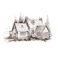 Rural landscape with old farmhouse and garden. Hand drawn illustration in vintage style. Vector design Royalty Free Stock Photo