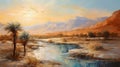 Rural Landscape Painting: Stream Between Mountains In Light Cyan And Amber