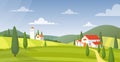 Rural landscape panorama flat vector illustration. Italy farmland buildings and green meadow at daytime. Countryside