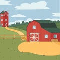 Rural landscape with red farm and barn and mill