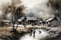 rural landscape, rendered in ink wash style reminiscent of Chinese painting, evokes a sense of tranquility and harmony