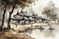 rural landscape, rendered in ink wash style reminiscent of Chinese painting, evokes a sense of tranquility and harmony