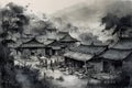 rural landscape, rendered in ink wash style reminiscent of Chinese painting, evokes a sense of tranquility and harmony