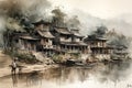 rural landscape, rendered in ink wash style reminiscent of Chinese painting, evokes a sense of tranquility and harmony