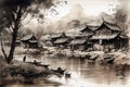 rural landscape, rendered in ink wash style reminiscent of Chinese painting, evokes a sense of tranquility and harmony
