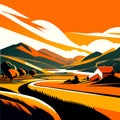 Rural landscape with road and farm in the evening. Vector illustration AI Generated