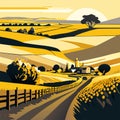 Rural landscape with road, fields and houses. Vector illustration. generative AI Royalty Free Stock Photo